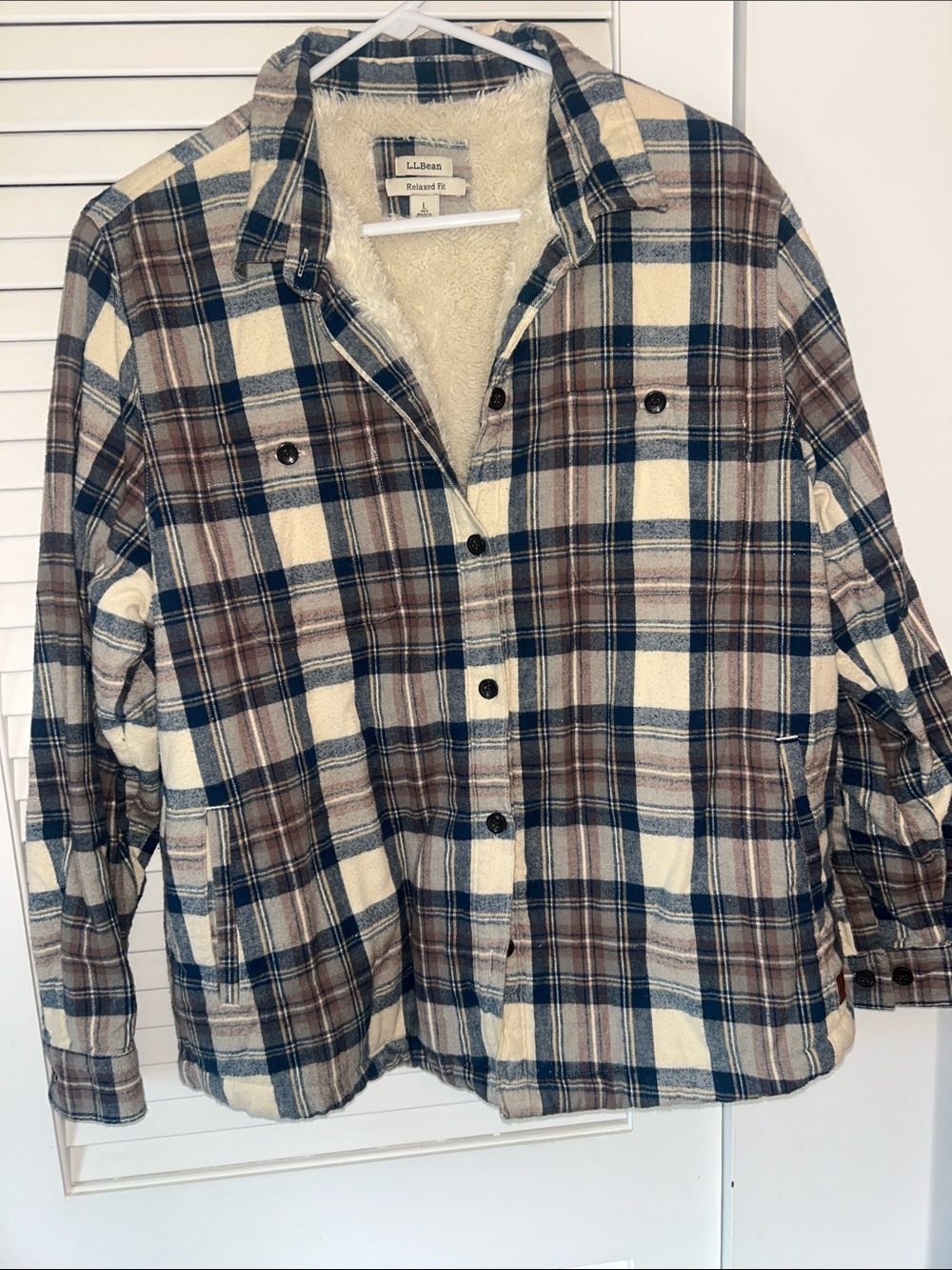 L.L. Bean Plaid Sherpa-Lined Shirt Jacket - Cream, Brown & Blue